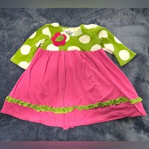 Corky’s Kids Dress, 24M, Lime Green, White Polka Dots, Pink Bottom, Ruffle EUC